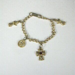 Vintage Goldone Charm Bracelet Religious Charms Cross 6 inch Angel